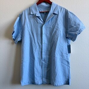 And Now This Mens Light Blue Cotton Linen Camp Collar Short Sleeve Shirt L